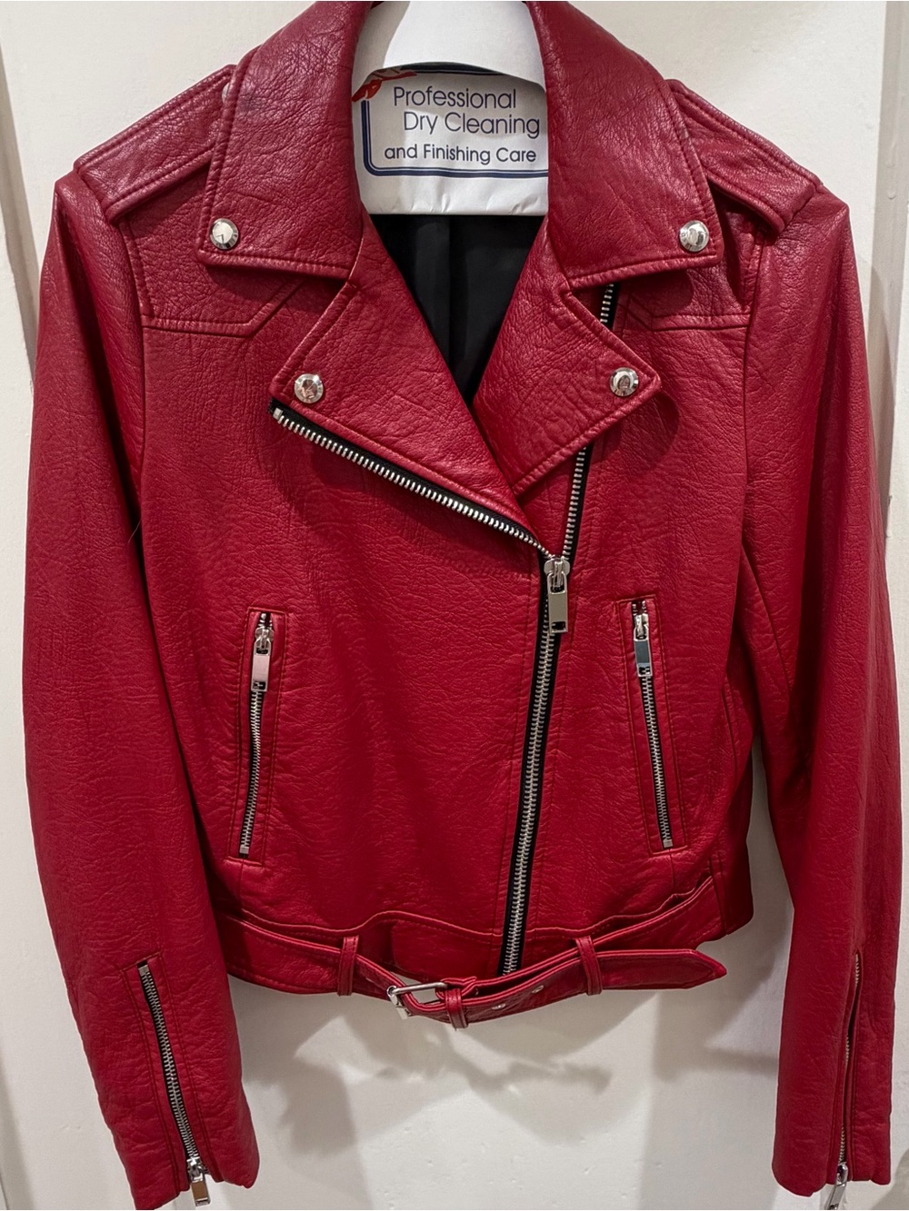Zara Deep Red Faux Leather Moto Jacket with Silver Hardware